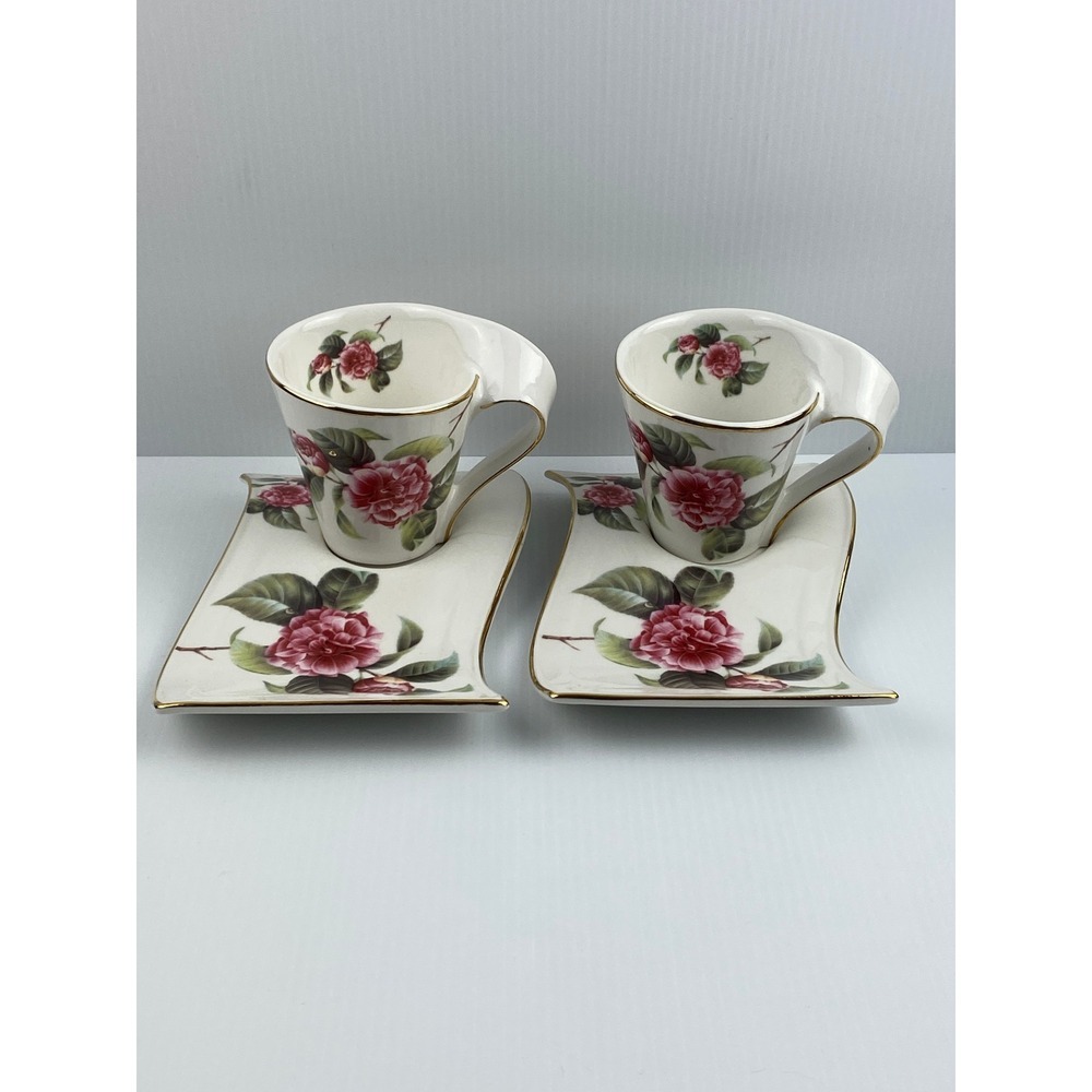 Adeline Camellia Wave Tea Cup Saucer Sets 2 Lot Pink Floral Porcellana Fine